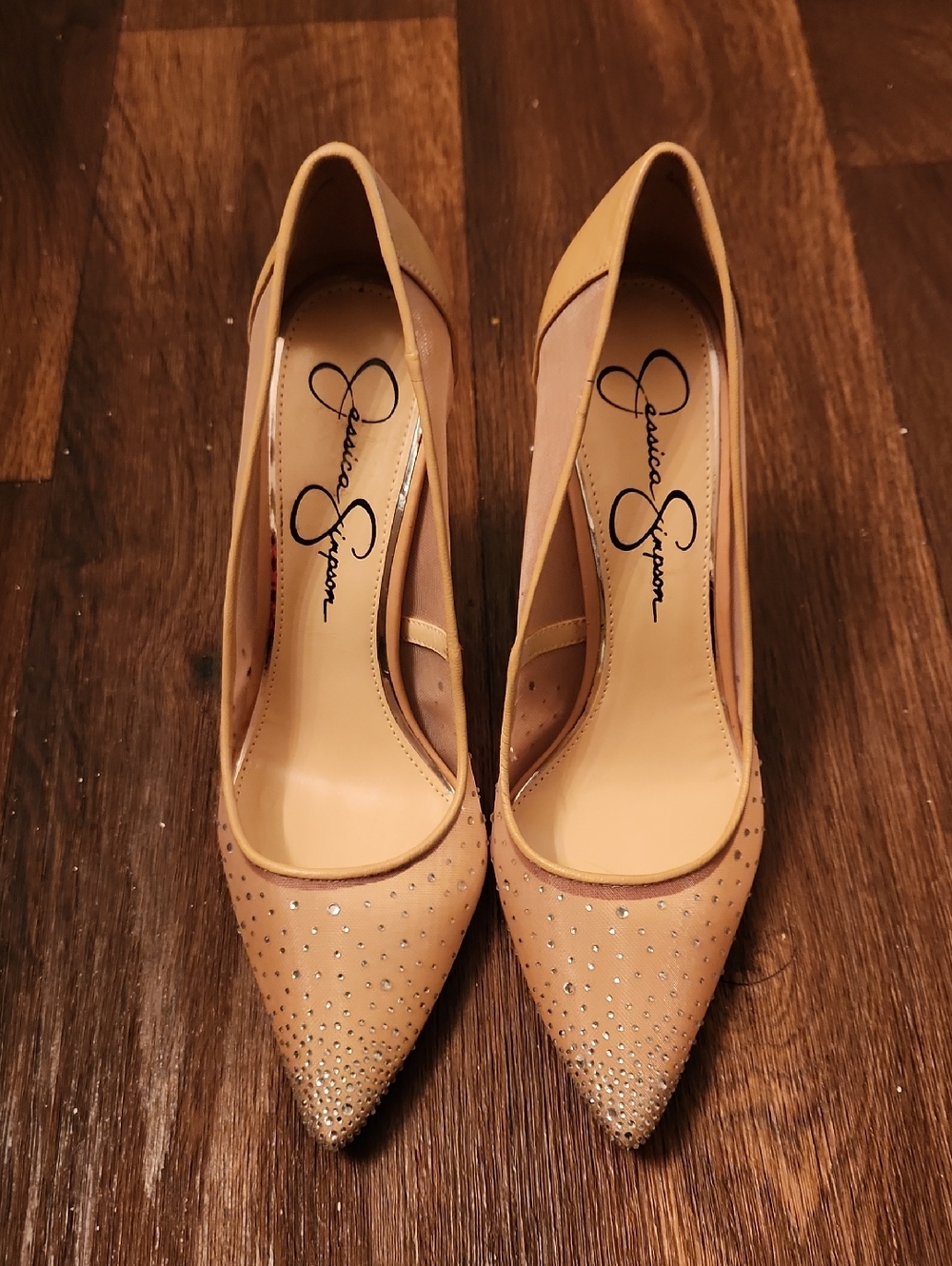 Jessica Simpson Beige Crystal-Embellished Pointed Toe Pumps